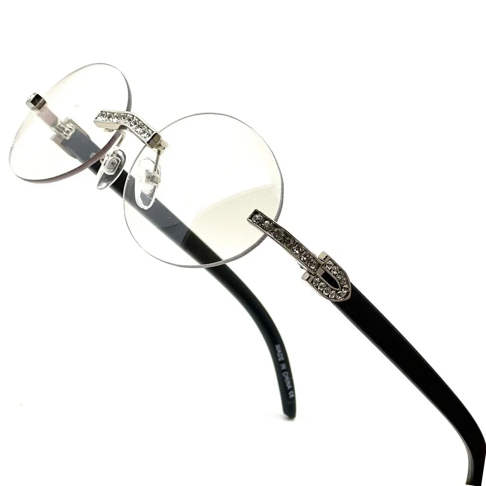 Rimless Sunglasses Rhinestone Silver Clear Lens Wood Grain Arm Men‎ Street Wear